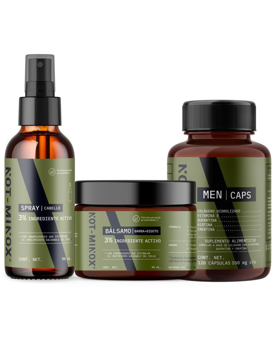 Set tratamiento para barba y cabello De Crecimiento Capilar, Barba Y Bigote Notminox Bálsamo 90Ml + Spray 90Ml + 120 Cápsulas crecimiento