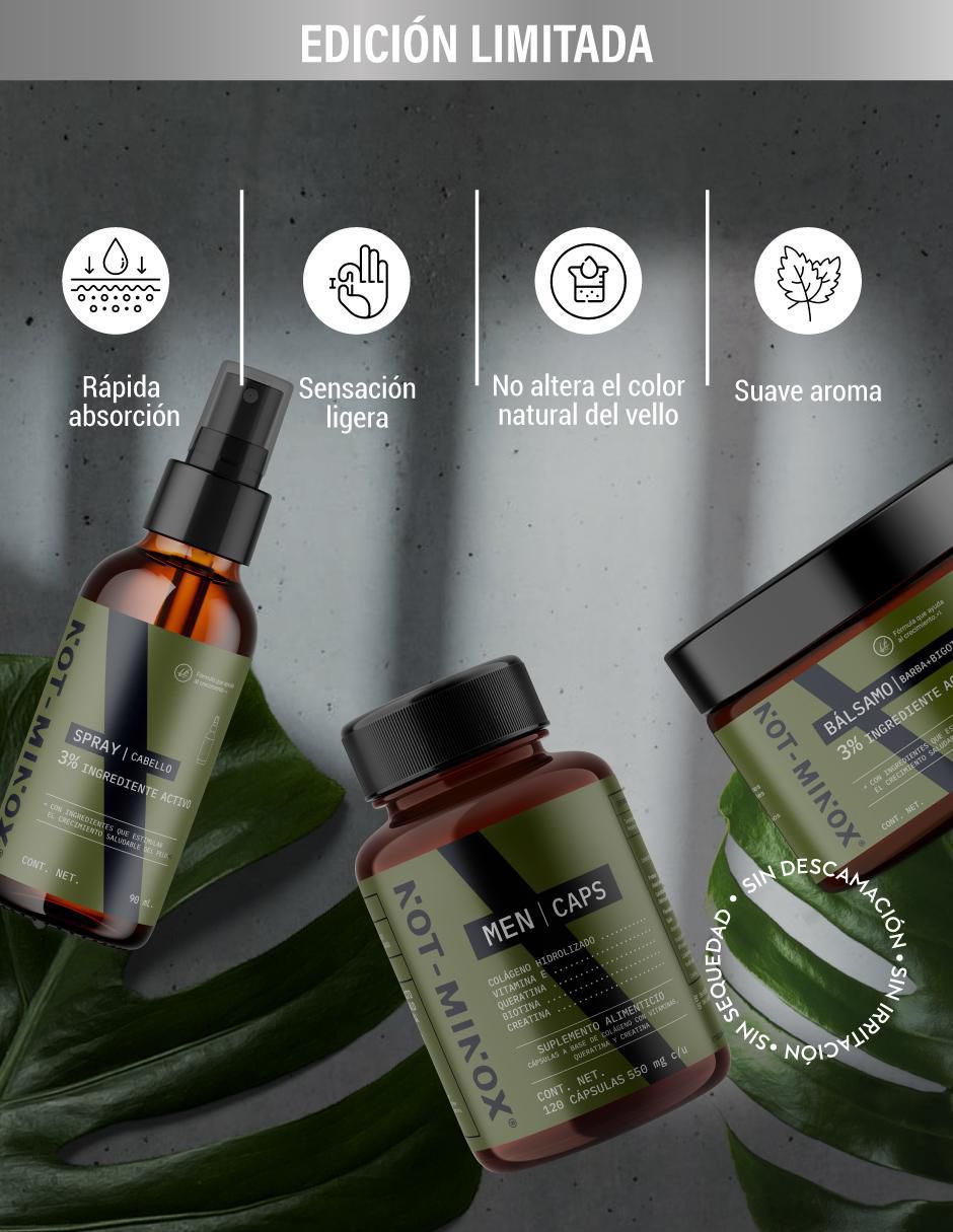 Set tratamiento para barba y cabello De Crecimiento Capilar, Barba Y Bigote Notminox Bálsamo 90Ml + Spray 90Ml + 120 Cápsulas crecimiento