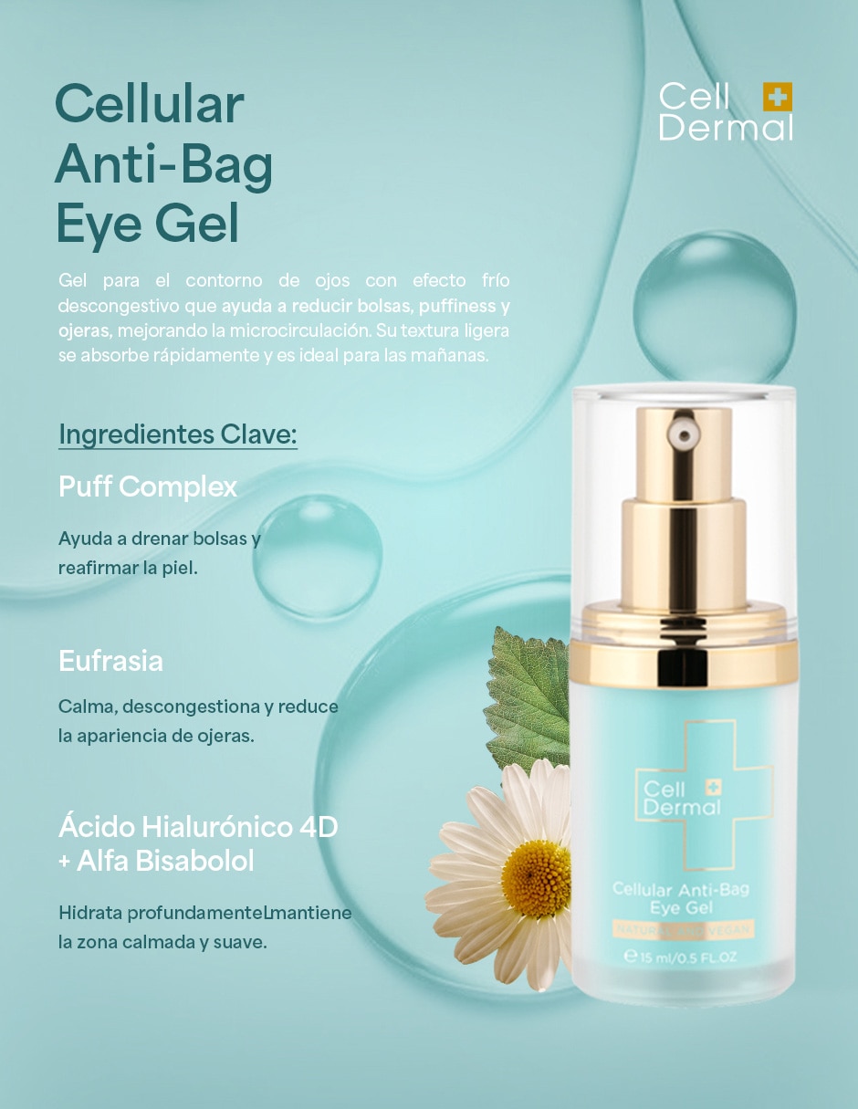 Crema para contorno de ojos recomendada para bolsas y ojeras día y noche cellular anti bag eye gel para todo tipo de piel